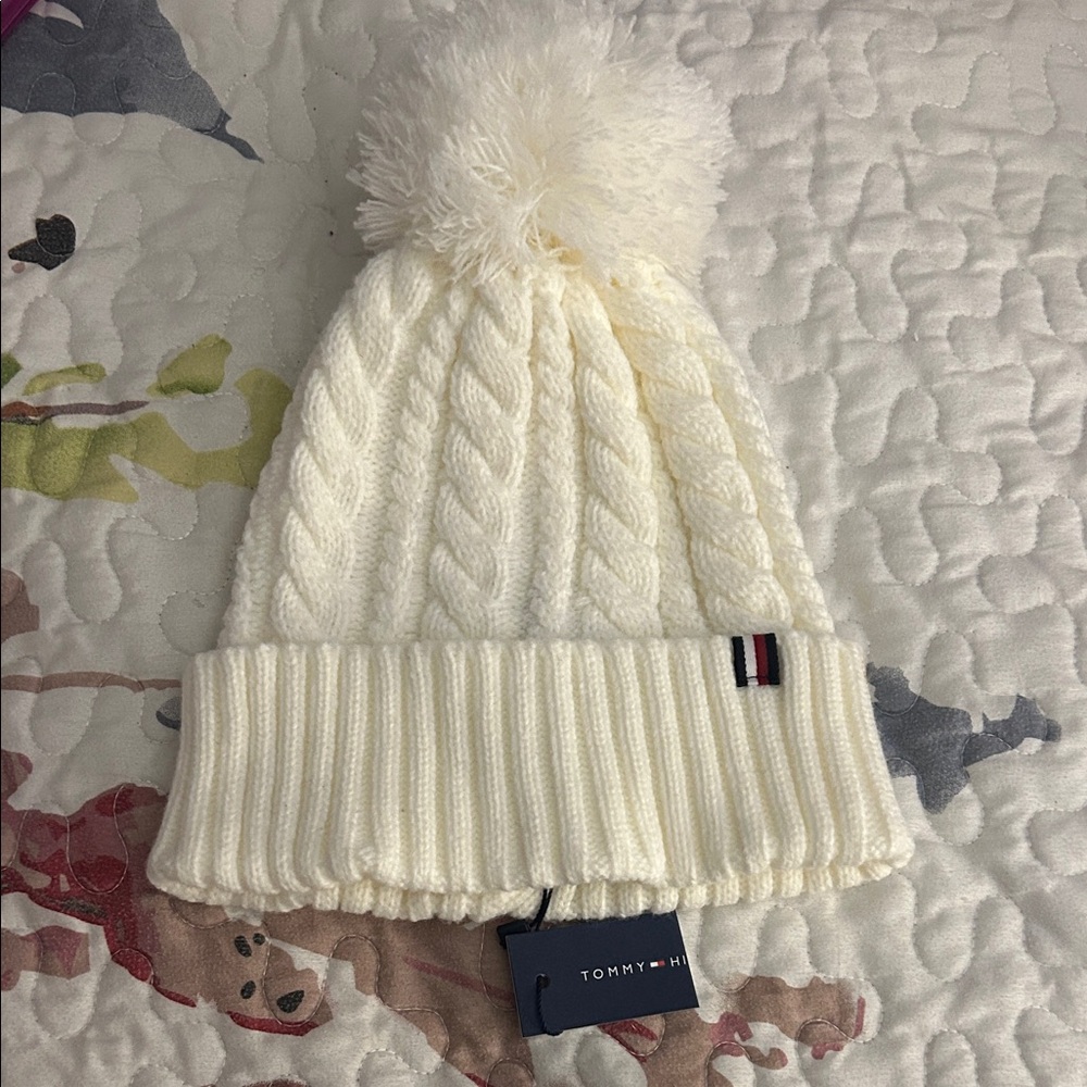Tommy Hilfiger-Women's Ivory Cable Knit Beanie with Pom-Pom